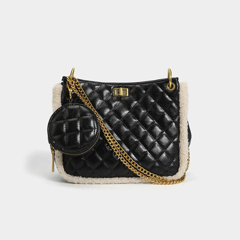 Women’s Faux Lamb Fur Quilted Shoulder Messenger Bags Black image 3