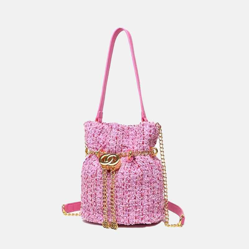 Women’s Chains Tweed Drawstring Shoulder Bucket Bags image 2