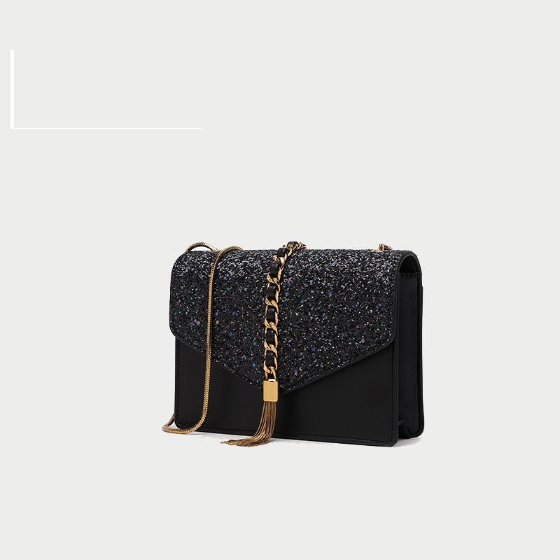 Women’s Black Glitter Envelope Crossbody Bags with Tassel image 2