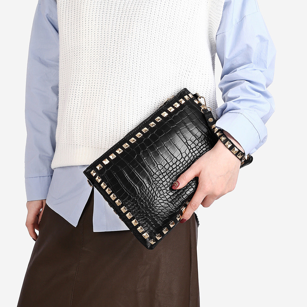 Women’s Croc Print Clutch Purse in Black Vegan Leather image 2