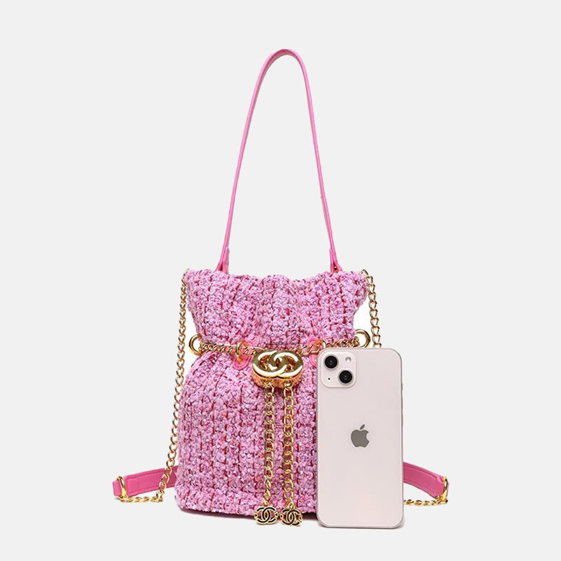 Women’s Chains Tweed Drawstring Shoulder Bucket Bags image 4