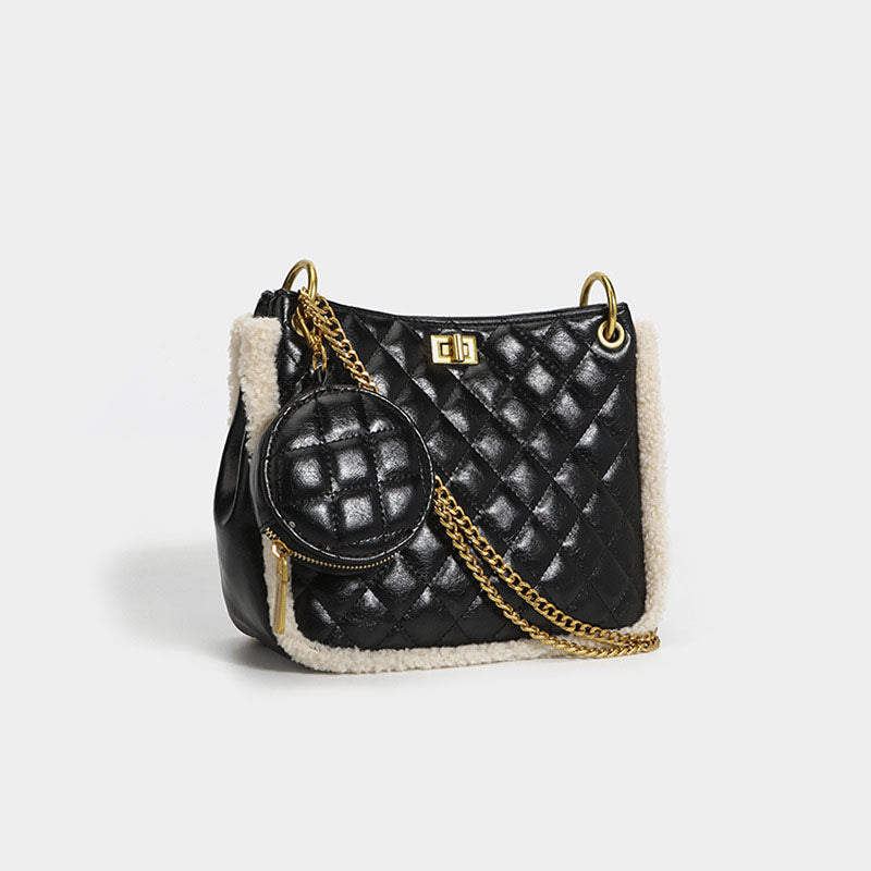 Women’s Faux Lamb Fur Quilted Shoulder Messenger Bags Black image 4