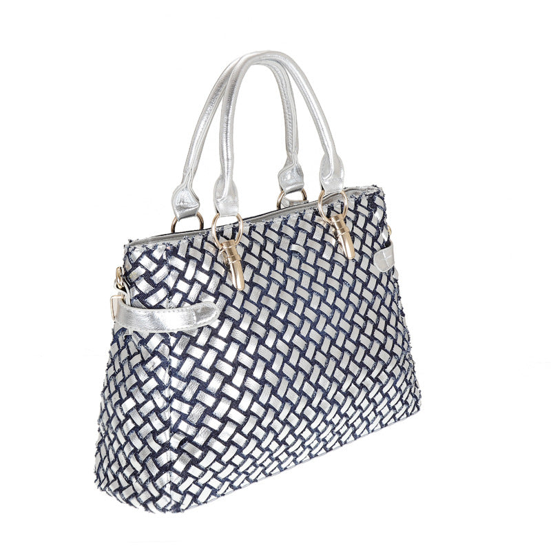 Women’s Blue Denim Woven Rhinestones Handbags with Lock image 3