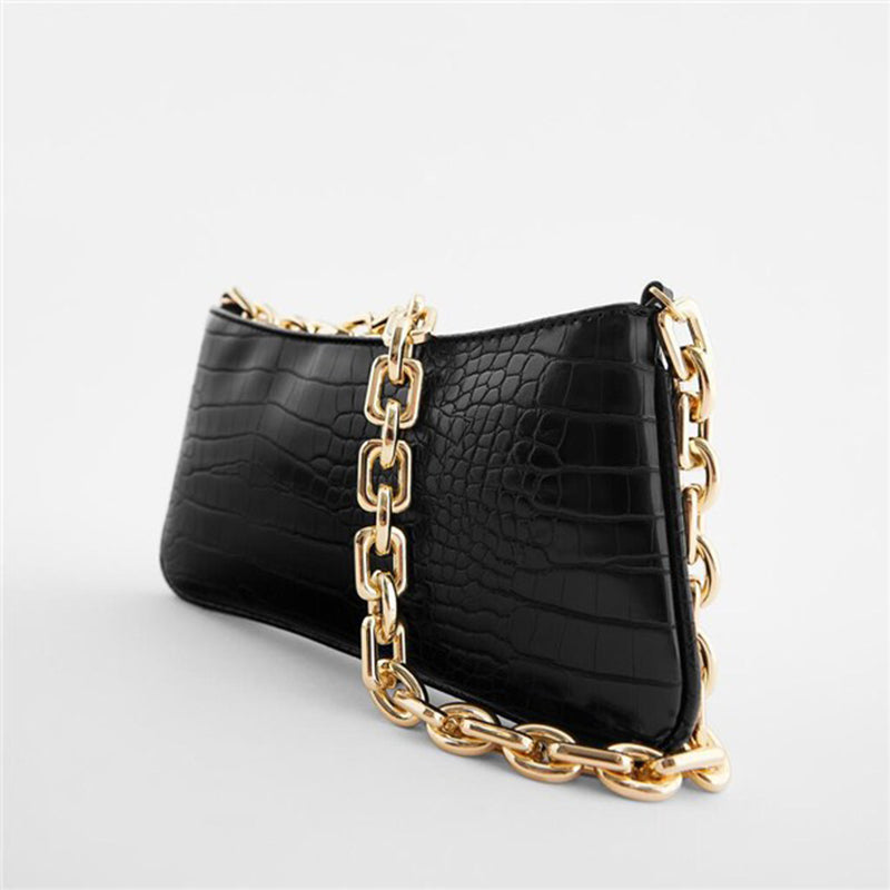 Women’s Chains Baguette Bag in Black Croc Print Vegan Leather image 2