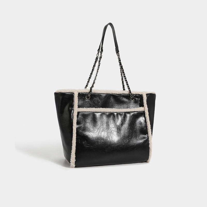 Women’s Faux Lamb Fur Tote Bags Black image 2