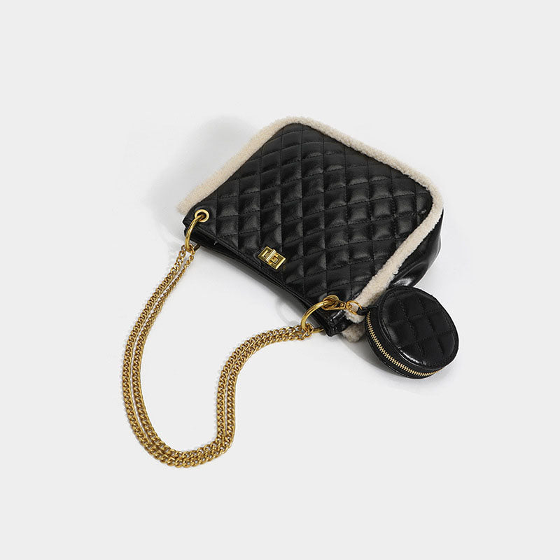 Women’s Faux Lamb Fur Quilted Shoulder Messenger Bags Black image 5