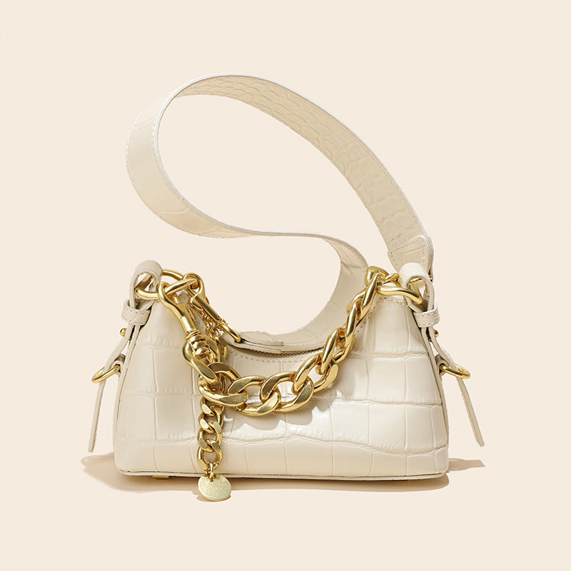 Women’s Chains Croc Print Genuine Leather Baguette Shoulder Bags image 2