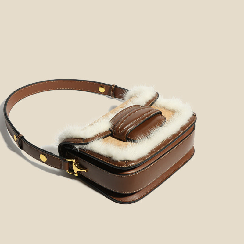 Women’s Fur Trim Genuine Leather Flap Mesenger Bags in Brown image 4