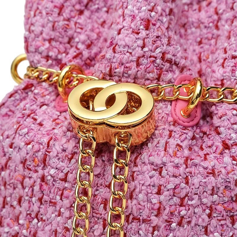 Women’s Chains Tweed Drawstring Shoulder Bucket Bags image 6