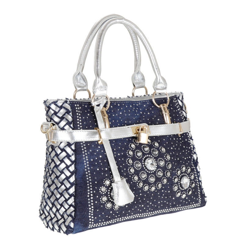 Women’s Blue Denim Woven Rhinestones Handbags with Lock image 2