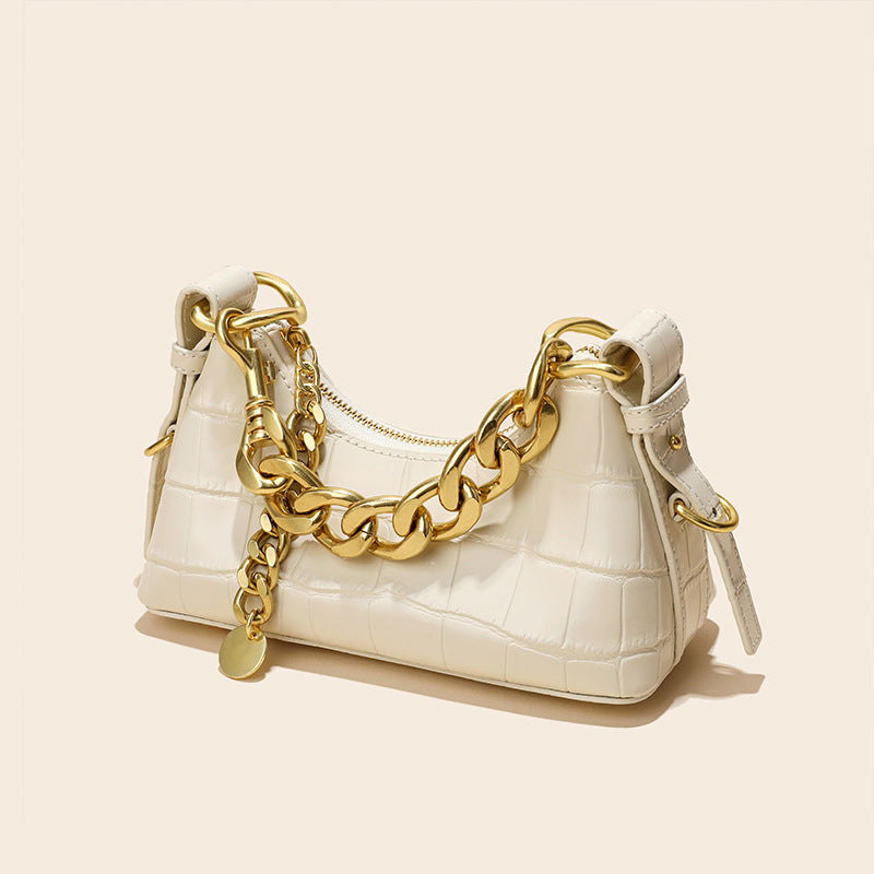 Women’s Chains Croc Print Genuine Leather Baguette Shoulder Bags image 3