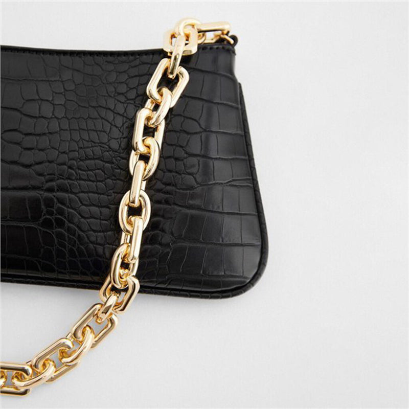 Women’s Chains Baguette Bag in Black Croc Print Vegan Leather image 3