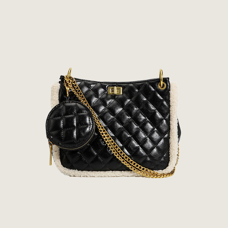 Women’s Faux Lamb Fur Quilted Shoulder Messenger Bags Black image 2