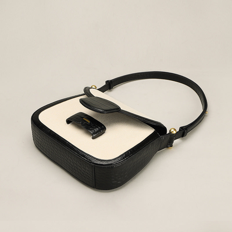 Women’s Canvas Croc Print Genuine Leather Shoulder Saddle Bags in Beige image 3