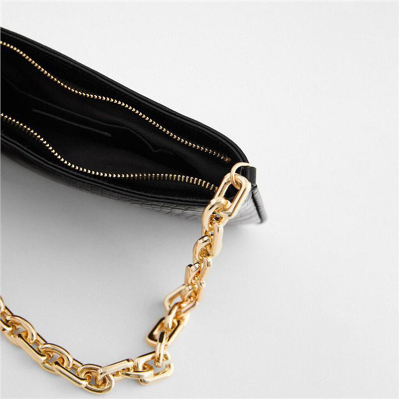Women’s Chains Baguette Bag in Black Croc Print Vegan Leather image 4