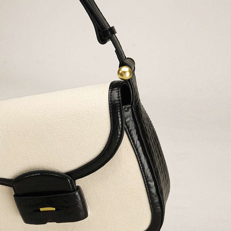 Women’s Canvas Croc Print Genuine Leather Shoulder Saddle Bags in Beige image 4