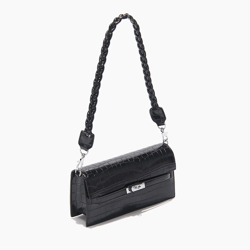 Women’s Black Baguette Bags in Black Croc Print with Two Straps image 2