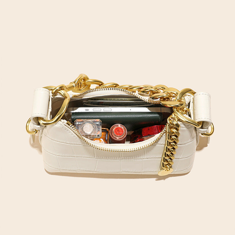 Women’s Chains Croc Print Genuine Leather Baguette Shoulder Bags image 5