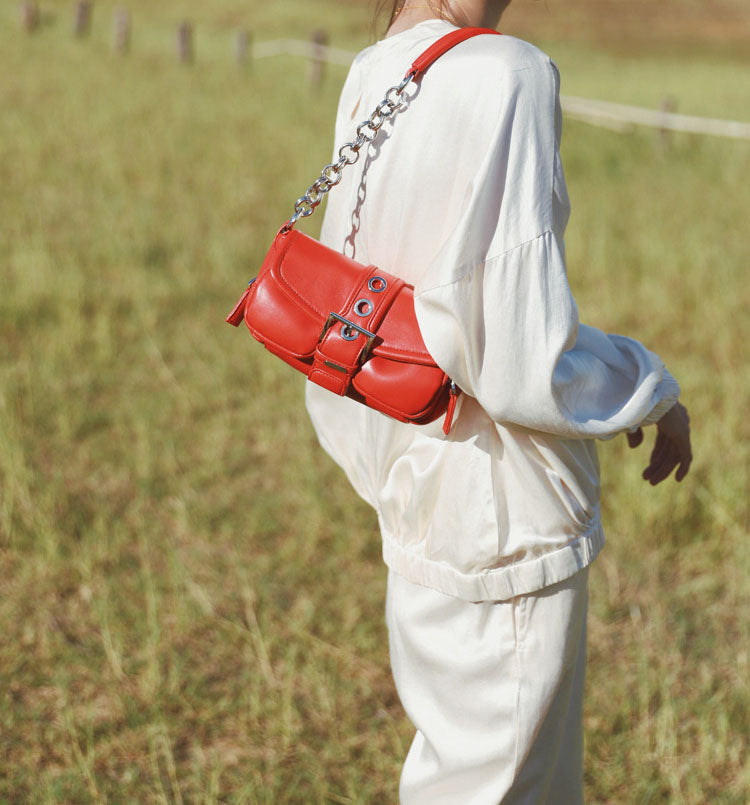 Women’s Chains Buckle Vegan Baguette Bags image 4