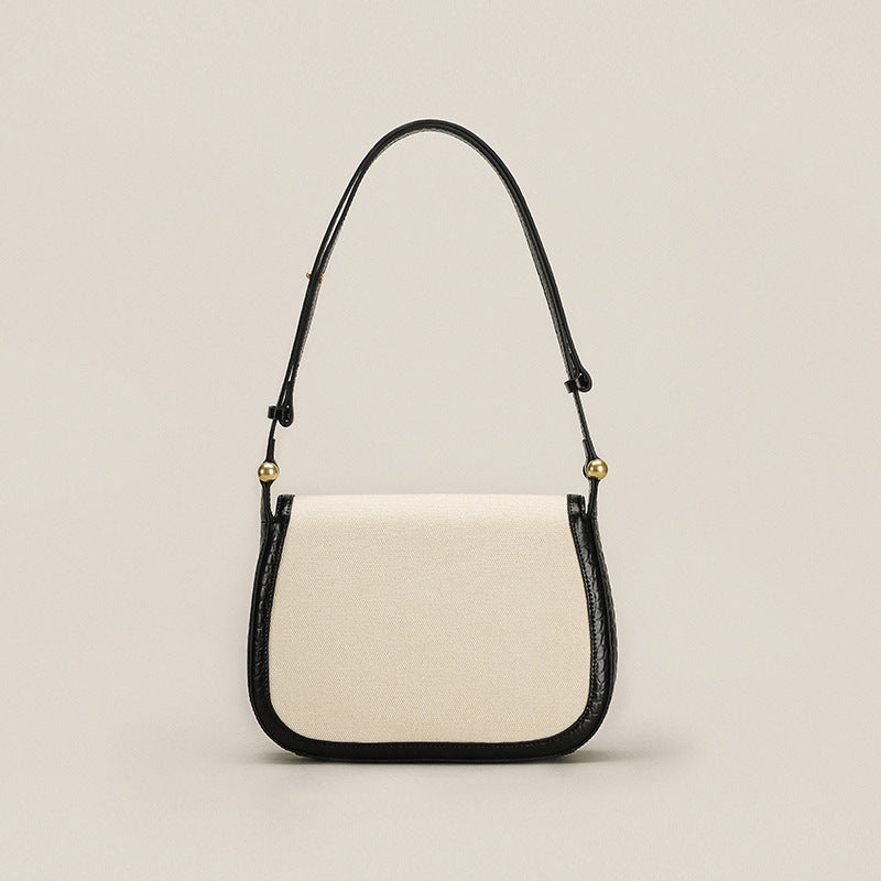 Women’s Canvas Croc Print Genuine Leather Shoulder Saddle Bags in Beige image 2