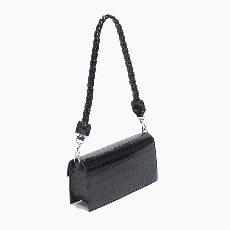 Women’s Black Baguette Bags in Black Croc Print with Two Straps image 4
