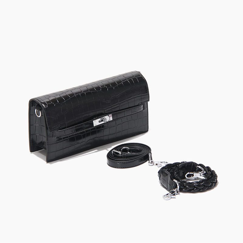 Women’s Black Baguette Bags in Black Croc Print with Two Straps image 6