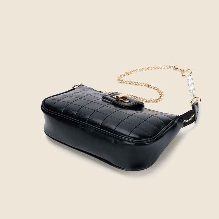Women’s Black Sqaure Quilted Shoulder Bags with Pearls image 5