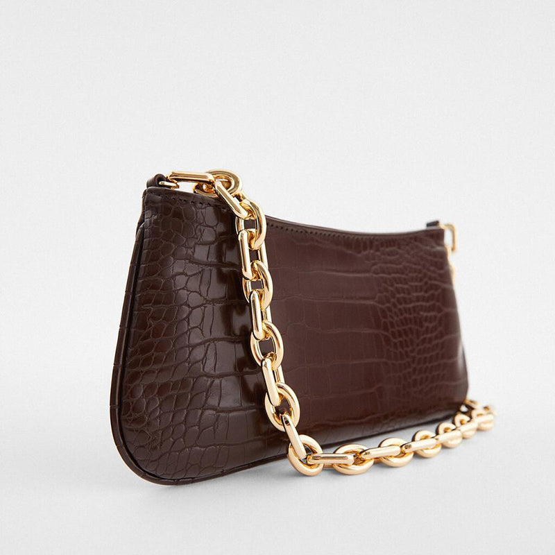 Women’s Chains Baguette Bag in Brown Croc Print Vegan Leather image 2