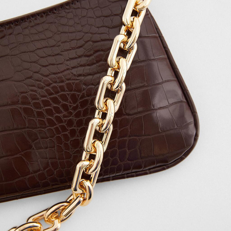 Women’s Chains Baguette Bag in Brown Croc Print Vegan Leather image 3