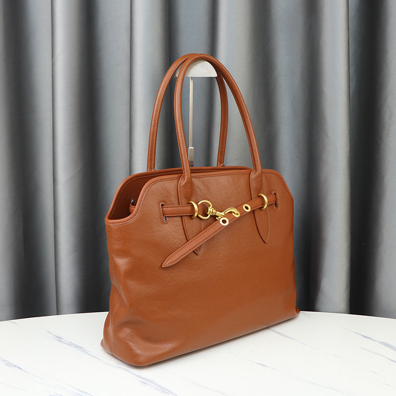 Women’s Vintage Genuine Leather Tote Bag With Drawstring Buckle image