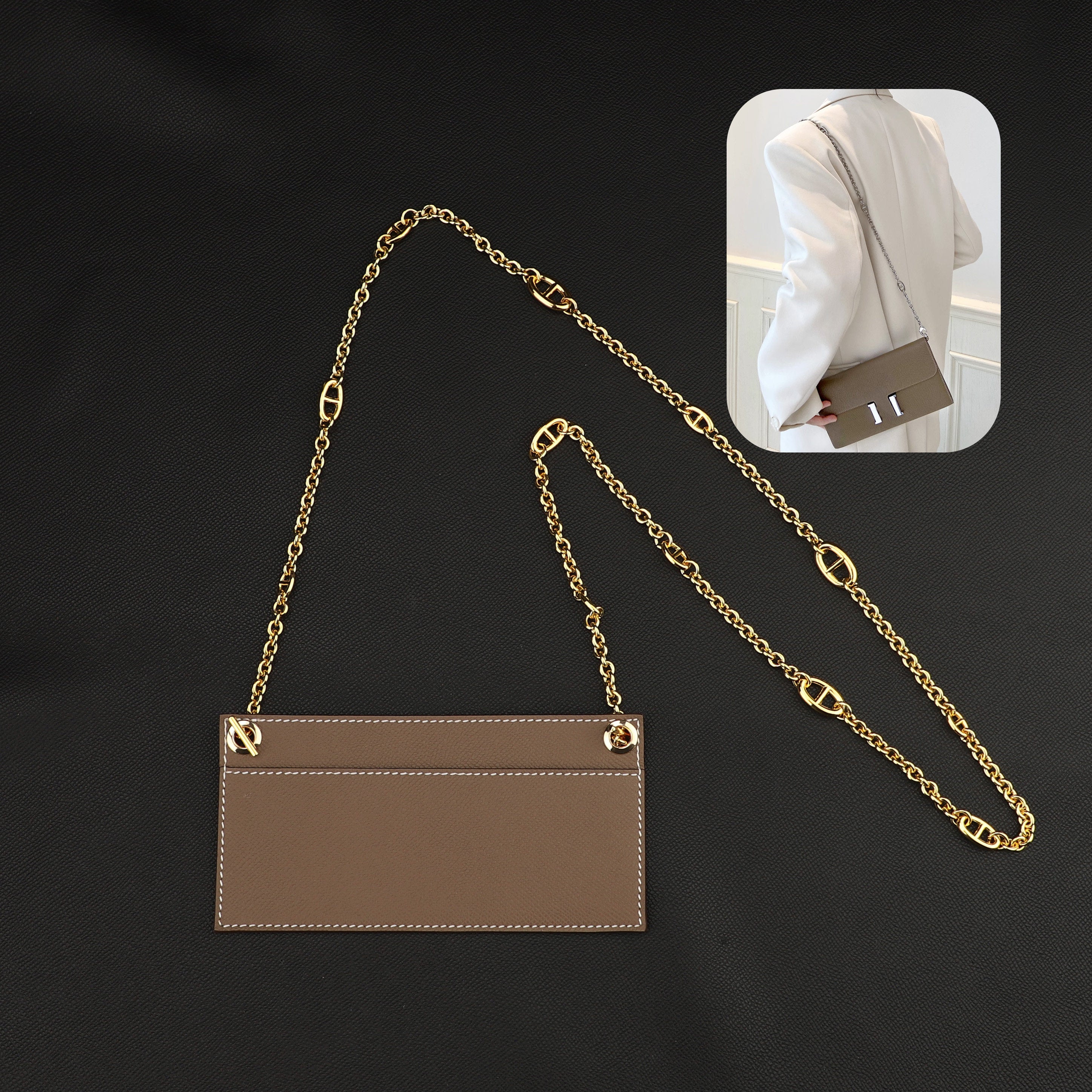Chain wallet strap with leather insert for Kelly Long wallet and constance long wallet,Chain crossbody strap for constance wallet