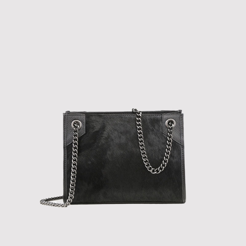 Women’s Horse Fur Genuine Leather Chains Shoulder Bags Black image 2