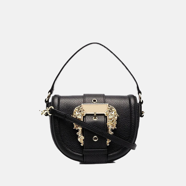 Women’s Black Large Buckle Genuine Leather Saddle Bags with Crossbody Strap image