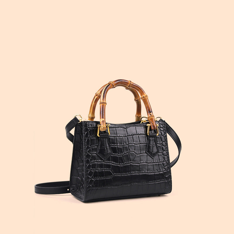 Women’s Black Genuine Leather Croc Embossed Tote Bags Bamboo Top Handle image 2