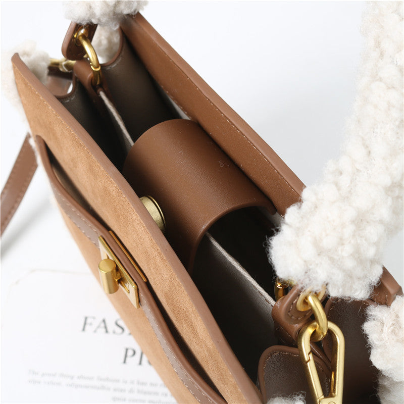 Women’s Fur Trim Suede Leather Top Handle Purse in Brown image 3
