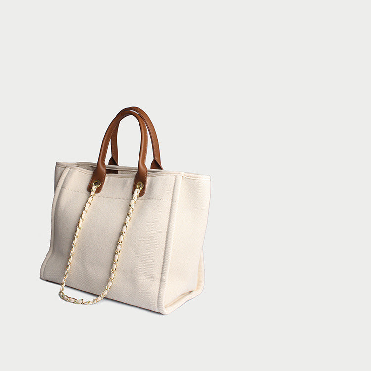 Women’s Beige Canvas Pearls Large Beach Tote image 3