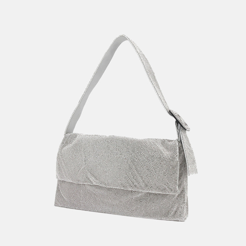 Women’s Silver All Over Rhinestones Flap Evening Baguette Bags in Genuine Leather image 2