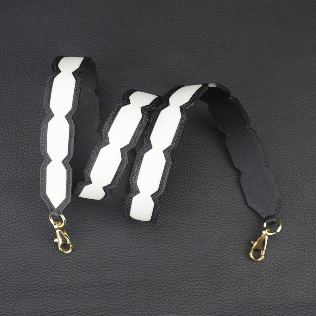 Artisanal Black & White Epsom Leather Bandoulière: Hand-Stitched Detachable Crossbody/Shoulder Strap