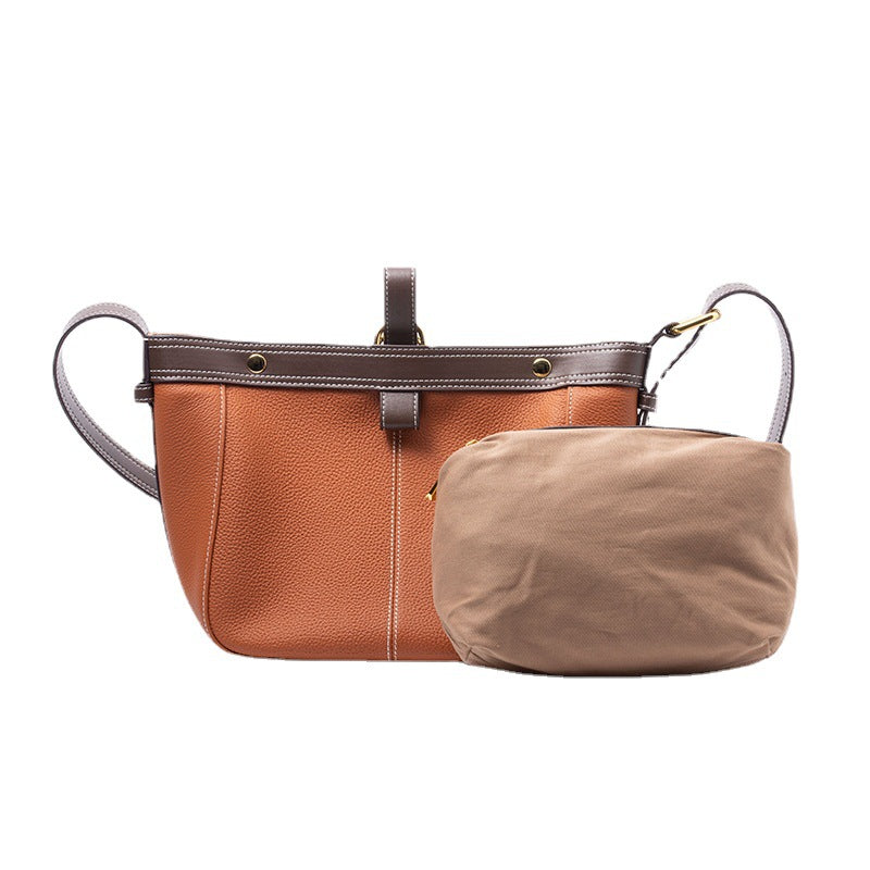 Women’s Stitching Genuine Leather Tote Bags with Interior Pouch image 2