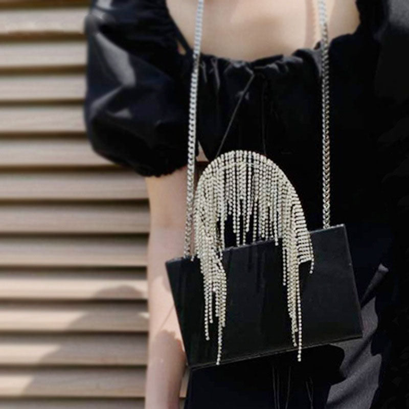 Women’s Rhinestones Fringe Top Handle Purse Black image 3