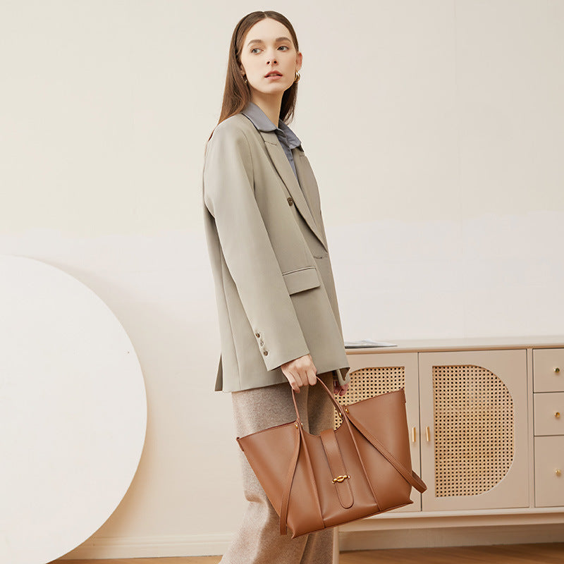 Women’s Genuine Leather Dual Straps Tote Bags with Buckle image 5
