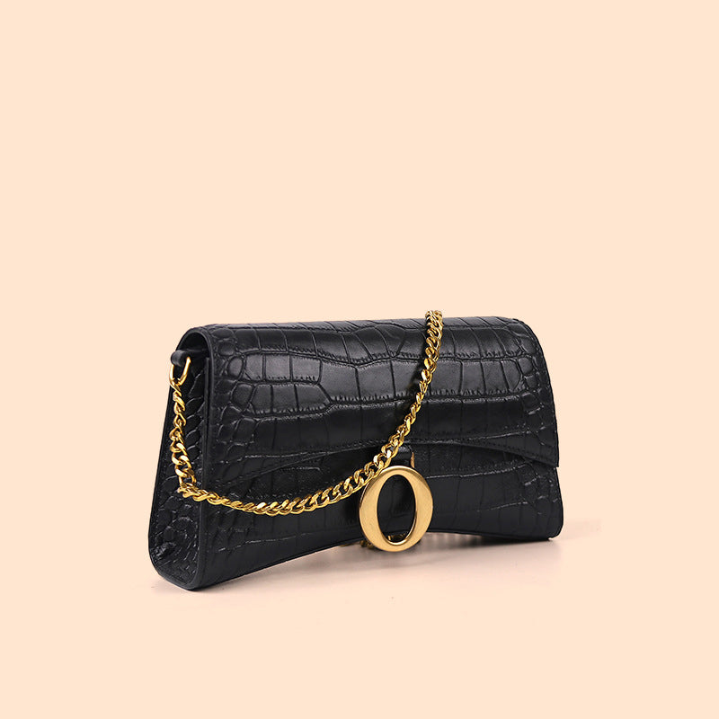 Women’s Black Croc Print Genuine Leather Flap Baguette Bags with Chains image 2