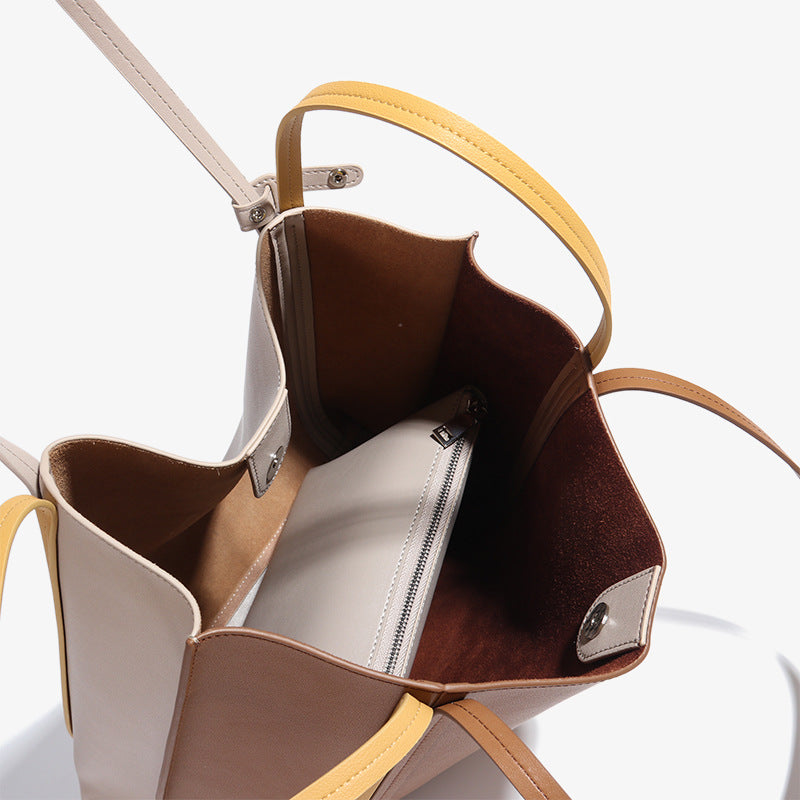 Women’s Two-Tone Genuine Leather Tote Bags with Interior Pouch image 3