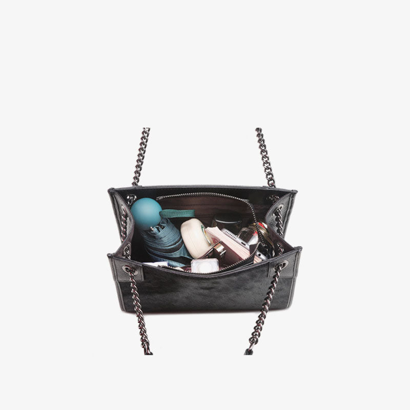 Women’s Horse Fur Genuine Leather Chains Shoulder Bags Black image 4