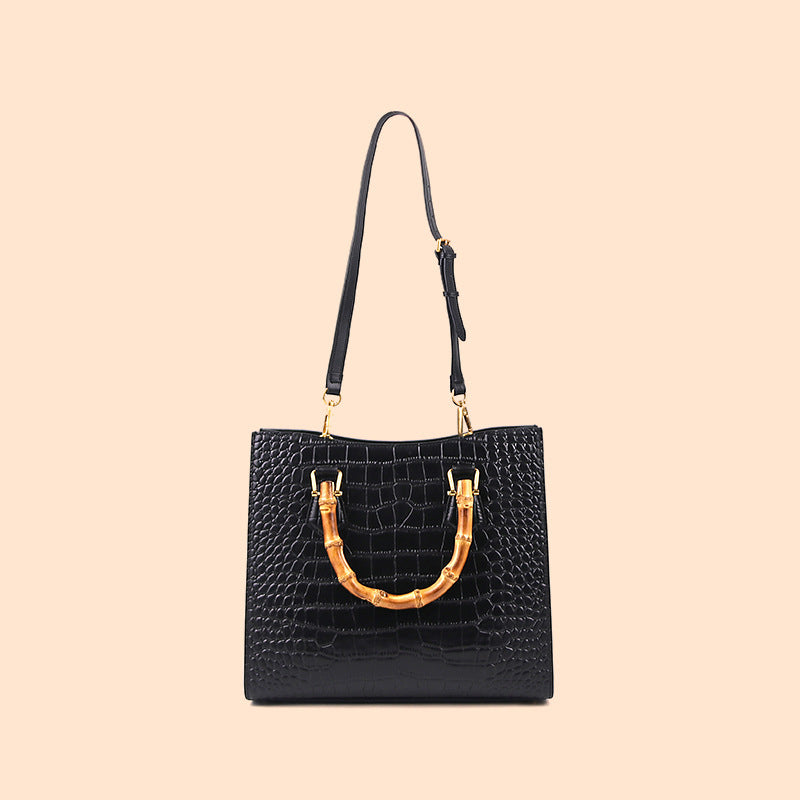 Women’s Black Genuine Leather Croc Embossed Tote Bags Bamboo Top Handle image 3