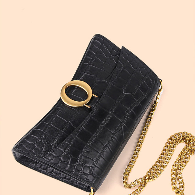 Women’s Black Croc Print Genuine Leather Flap Baguette Bags with Chains image 5