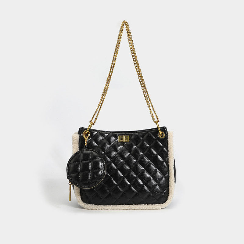 Women’s Faux Lamb Fur Quilted Shoulder Messenger Bags Black image