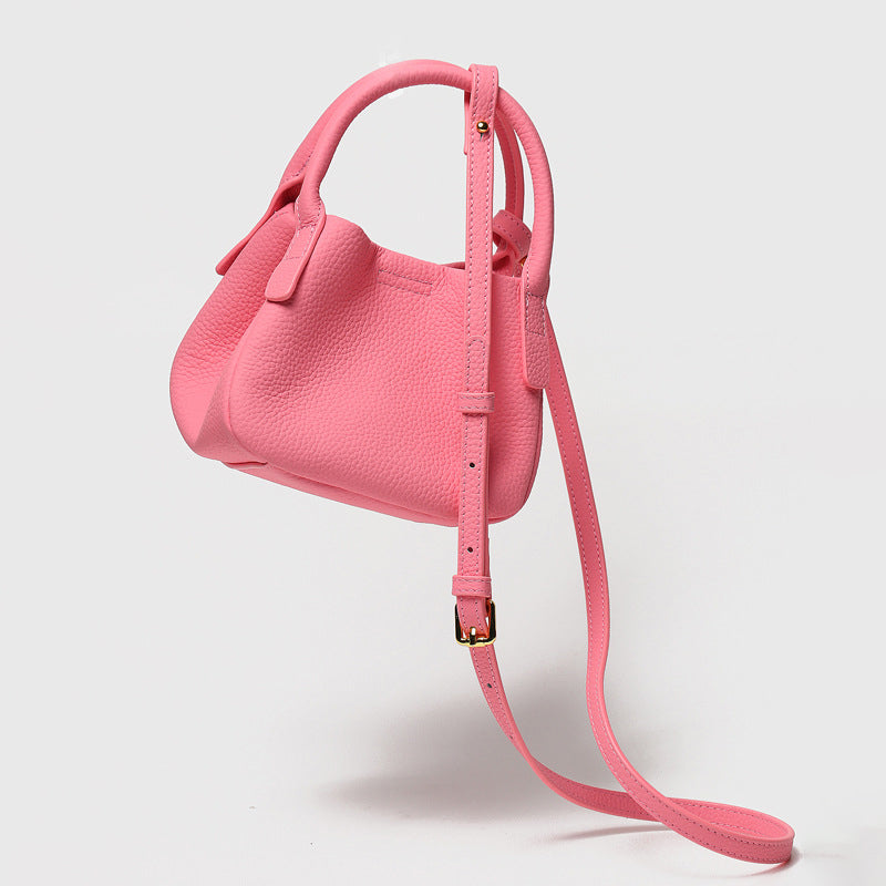 Women’s Small Lychee Grain Genuine Leather Top Handle Bucket Bags with Shoulder Strap image 3