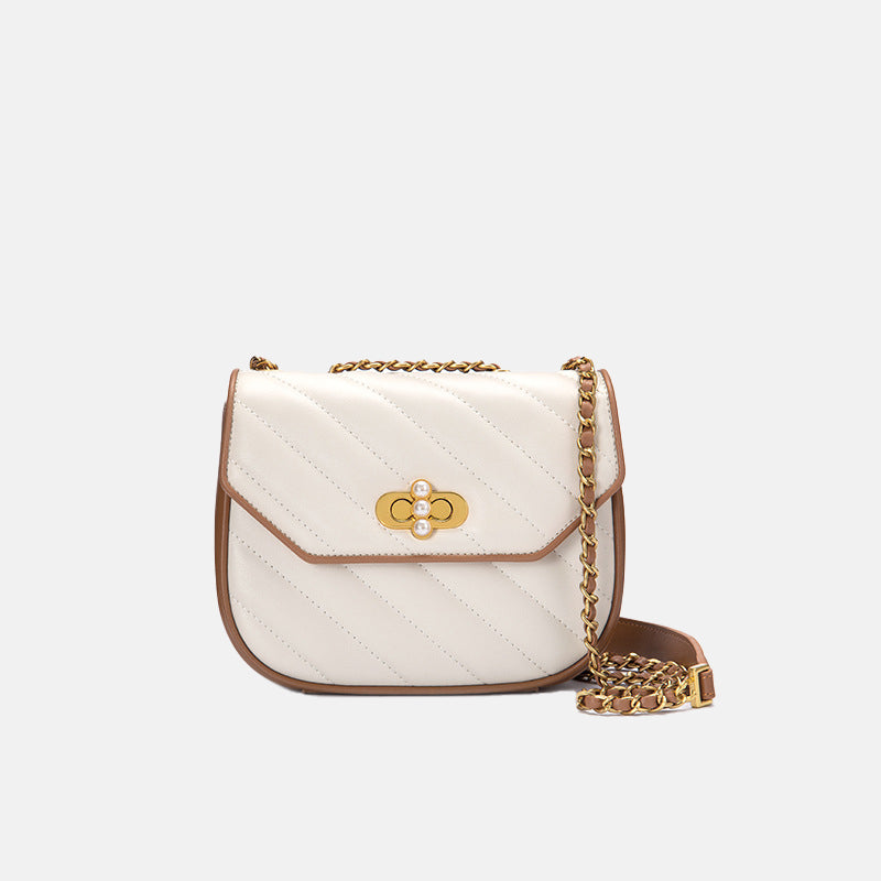 Women’s Small Quilted Genuine Leather Convertible Chain Saddle Bags – Beige image
