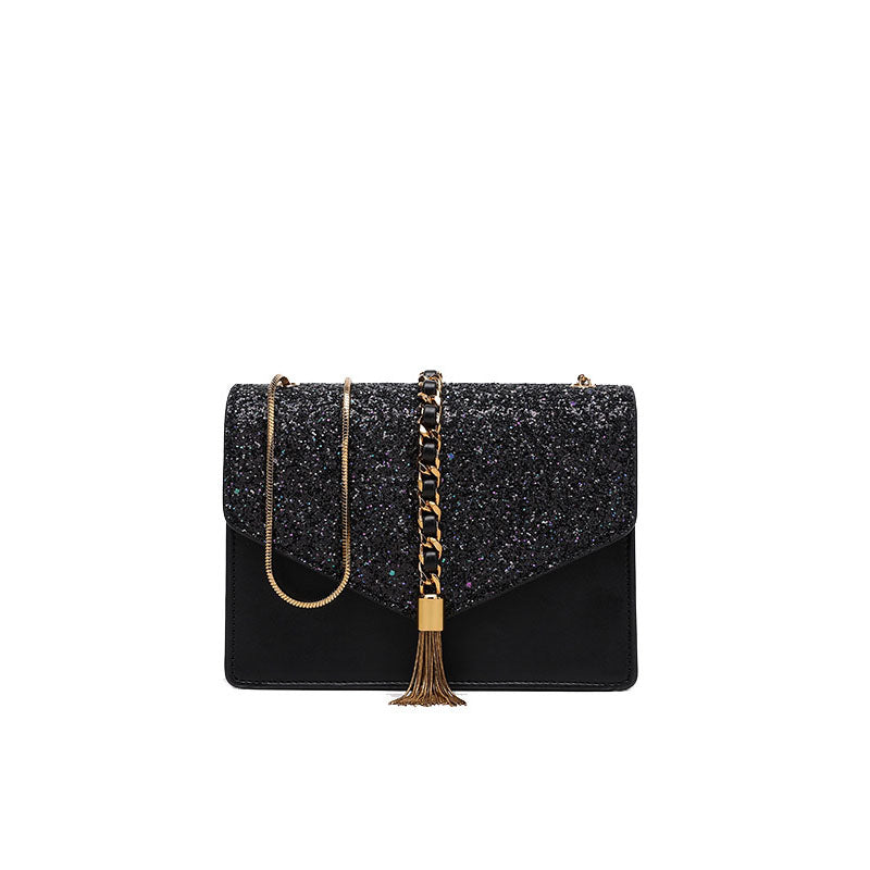 Women’s Black Glitter Envelope Crossbody Bags with Tassel image